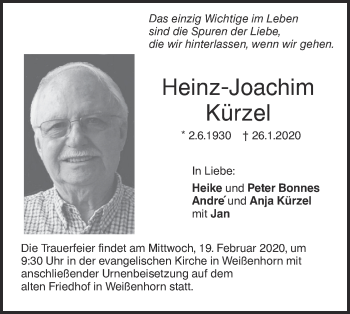 Traueranzeige von Heinz-Joachim Kürzel von SÜDWEST PRESSE Ausgabe Ulm/Neu-Ulm