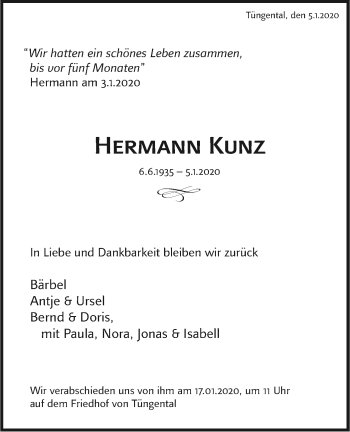 Traueranzeige von Hermann Kunz von Haller Tagblatt