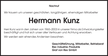 Traueranzeige von Hermann Kunz von Haller Tagblatt