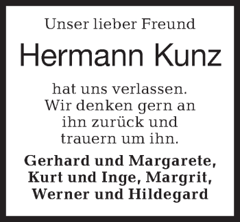 Traueranzeige von Hermann Kunz von Haller Tagblatt