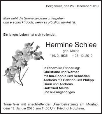 Traueranzeige von Hermine Schlee von NWZ Neue Württembergische Zeitung