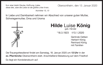 Traueranzeige von Hilde Luise König von Haller Tagblatt