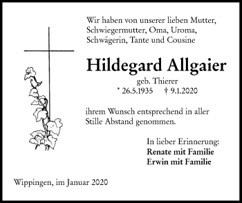 Traueranzeige von Hildegard Allgaffer von SÜDWEST PRESSE