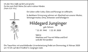 Traueranzeige von Hildegard Junginger von SÜDWEST PRESSE Ausgabe Ulm/Neu-Ulm