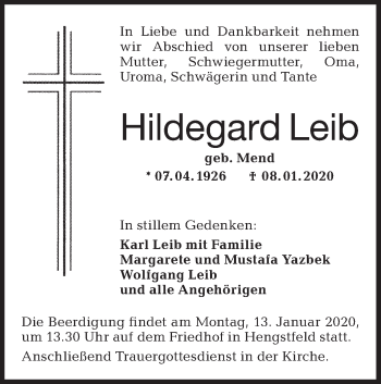 Traueranzeige von Hildegard Leib von Hohenloher Tagblatt