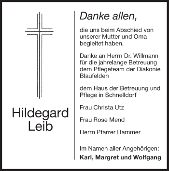 Traueranzeige von Hildegard Leib von Hohenloher Tagblatt