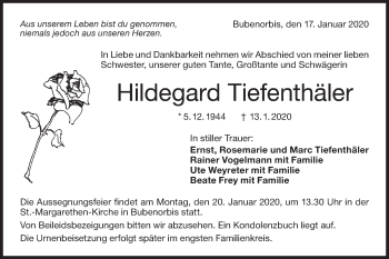 Traueranzeige von Hildegard Tiefenthäler von Haller Tagblatt