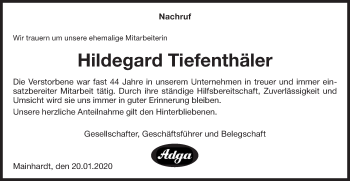 Traueranzeige von Hildegard Tiefenthäler von Haller Tagblatt