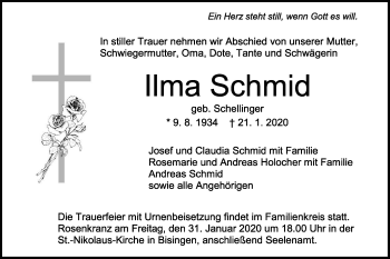 Traueranzeige von Ilma Schmid von Hohenzollerische Zeitung