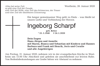 Traueranzeige von Ingeborg Scharpf von Haller Tagblatt