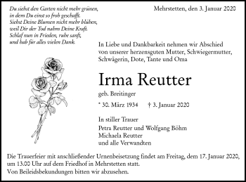 Traueranzeige von Irma Reutter von Alb-Bote/Metzinger-Uracher Volksblatt