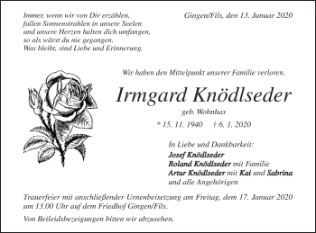 Traueranzeige von Irmgard Knödlseder von Geislinger Zeitung