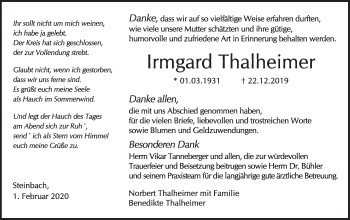 Traueranzeige von Irmgard Thalheimer von Haller Tagblatt