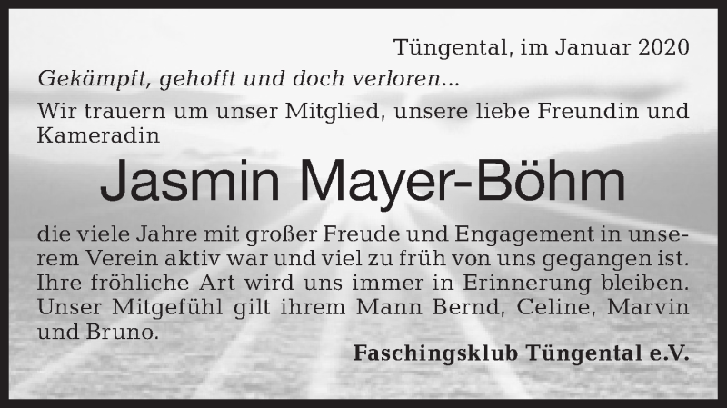  Traueranzeige für Jasmin Mayer-Böhm vom 20.01.2020 aus Haller Tagblatt