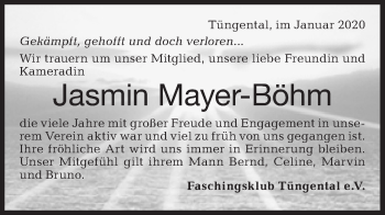 Traueranzeige von Jasmin Mayer-Böhm von Haller Tagblatt