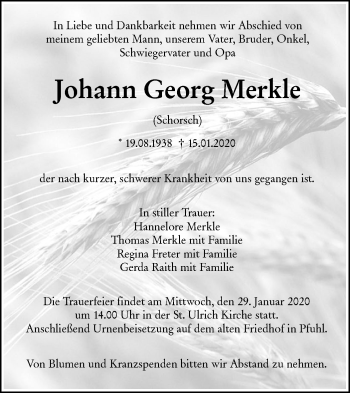 Traueranzeige von Johann Georg Merkle von SÜDWEST PRESSE Ausgabe Ulm/Neu-Ulm