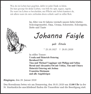 Traueranzeige von Johanna Faigle von Hohenzollerische Zeitung