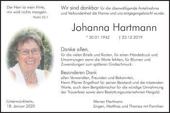 Traueranzeige von Johanna Hartmann von Haller Tagblatt