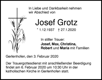 Traueranzeige von Josef Grotz von SÜDWEST PRESSE Ausgabe Ulm/Neu-Ulm