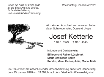 Traueranzeige von Josef Ketterle von Geislinger Zeitung