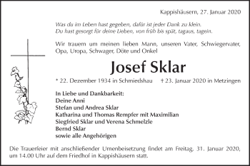 Traueranzeige von Josef Sklar von Metzinger-Uracher Volksblatt