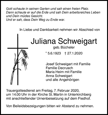 Traueranzeige von Juliana Schweigart von SÜDWEST PRESSE Ausgabe Ulm/Neu-Ulm