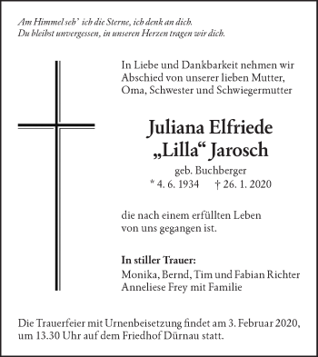 Traueranzeige von Juliana Elfriede  Jarosch von NWZ Neue Württembergische Zeitung