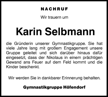 Traueranzeige von Karin Selbmann von Hohenzollerische Zeitung