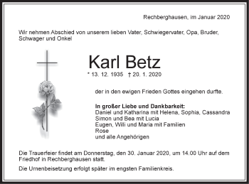 Traueranzeige von Karl Betz von NWZ Neue Württembergische Zeitung