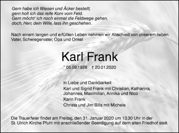 Traueranzeige von Karl Frank von SÜDWEST PRESSE Ausgabe Ulm/Neu-Ulm