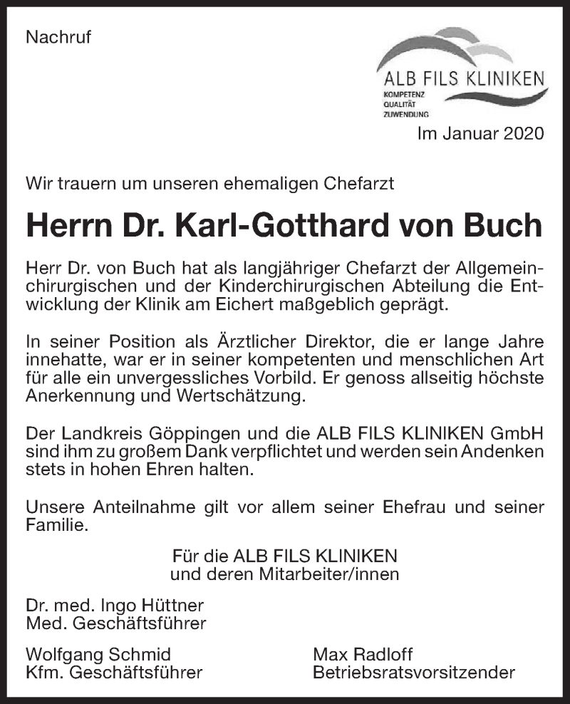  Traueranzeige für Karl-Gotthard von Buch vom 22.01.2020 aus NWZ Neue Württembergische Zeitung