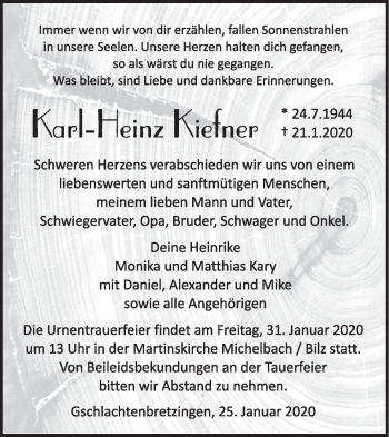 Traueranzeige von Karl-Heinz Kiefner von Haller Tagblatt