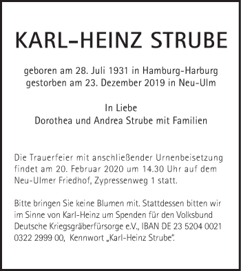 Traueranzeige von Karl-Heinz Strube von SÜDWEST PRESSE Ausgabe Ulm/Neu-Ulm