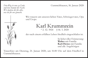 Traueranzeige von Karl Krummrein von NWZ Neue Württembergische Zeitung