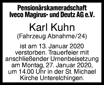 Traueranzeige von Karl Kuhn von SÜDWEST PRESSE Ausgabe Ulm/Neu-Ulm