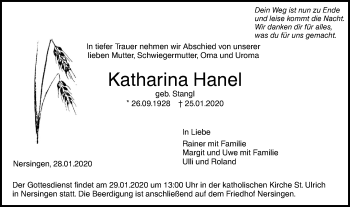 Traueranzeige von Katharina Hanel von SÜDWEST PRESSE Ausgabe Ulm/Neu-Ulm