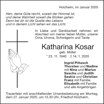 Traueranzeige von Katharina Kosar von NWZ Neue Württembergische Zeitung