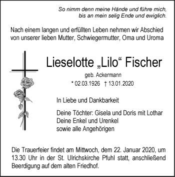 Traueranzeige von Lieselotte Fischer von SÜDWEST PRESSE Ausgabe Ulm/Neu-Ulm