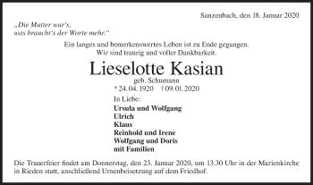 Traueranzeige von Lieselotte Kasian von Haller Tagblatt