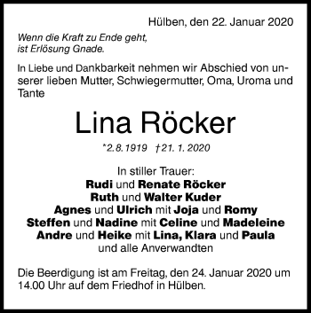 Traueranzeige von Lina Röcker von Metzinger-Uracher Volksblatt