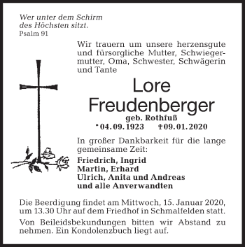 Traueranzeige von Lore Freudenberger von Hohenloher Tagblatt