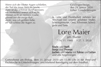 Traueranzeige von Lore Maier von Geislinger Zeitung