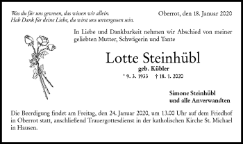 Traueranzeige von Lotte Steinhübl von Rundschau Gaildorf