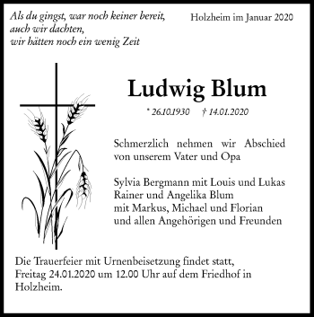 Traueranzeige von Ludwig Blum von NWZ Neue Württembergische Zeitung