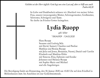 Traueranzeige von Lydia Ruopp von SÜDWEST PRESSE