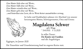 Traueranzeige von Magdalena Schwer von SÜDWEST PRESSE Ausgabe Ulm/Neu-Ulm