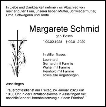 Traueranzeige von Margarete Schmid von SÜDWEST PRESSE Ausgabe Ulm/Neu-Ulm