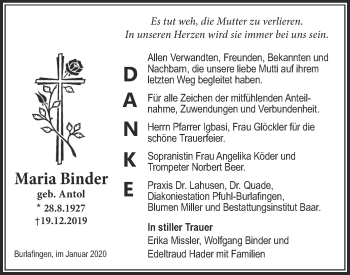 Traueranzeige von Maria Binder von SÜDWEST PRESSE Ausgabe Ulm/Neu-Ulm