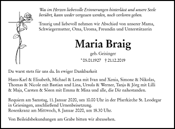 Traueranzeige von Maria Braig von Ehinger Tagblatt