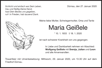 Traueranzeige von Maria Geißele von NWZ Neue Württembergische Zeitung